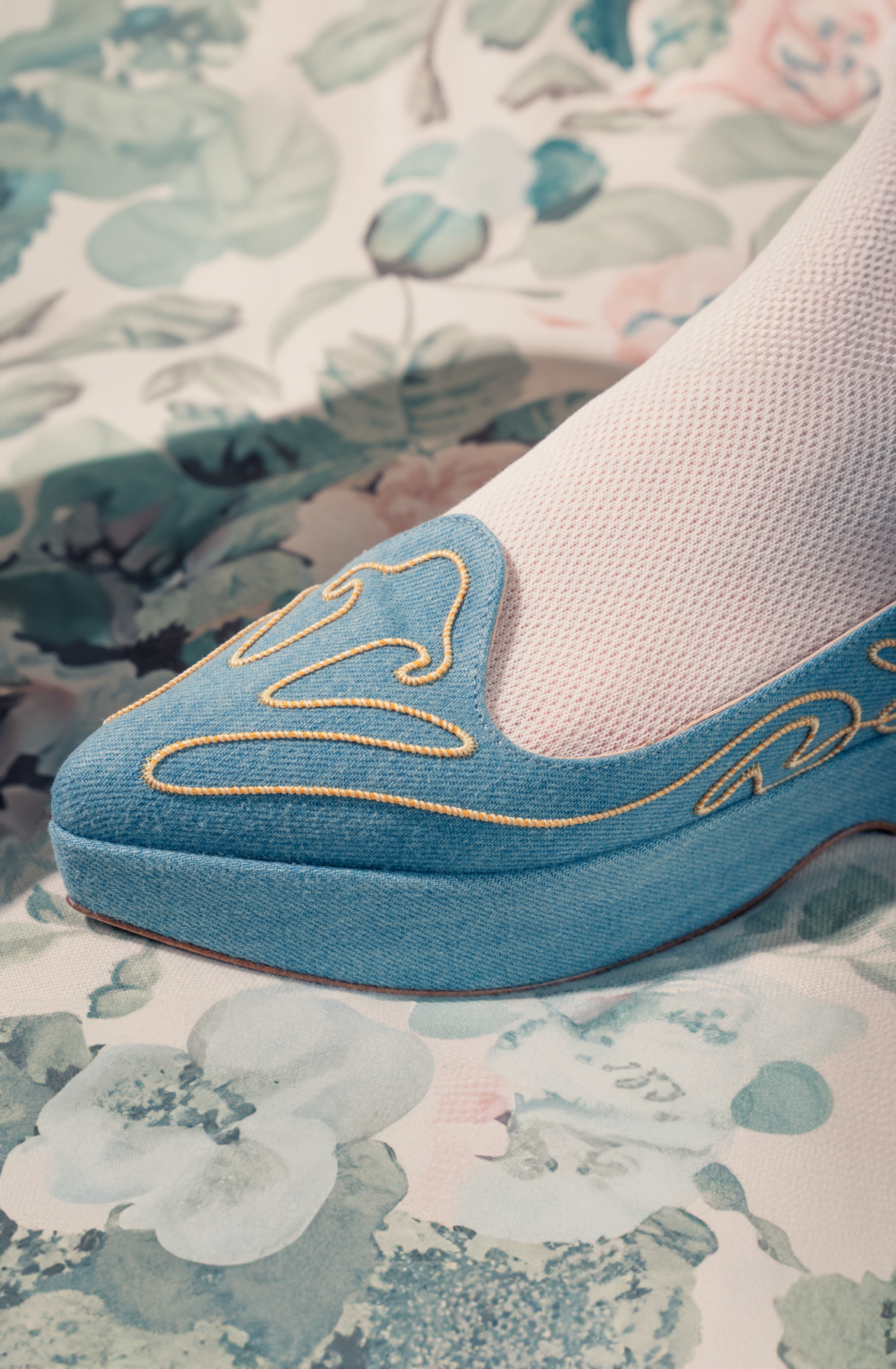 Shauna - Slingback - Denim with Gold Embroidery
