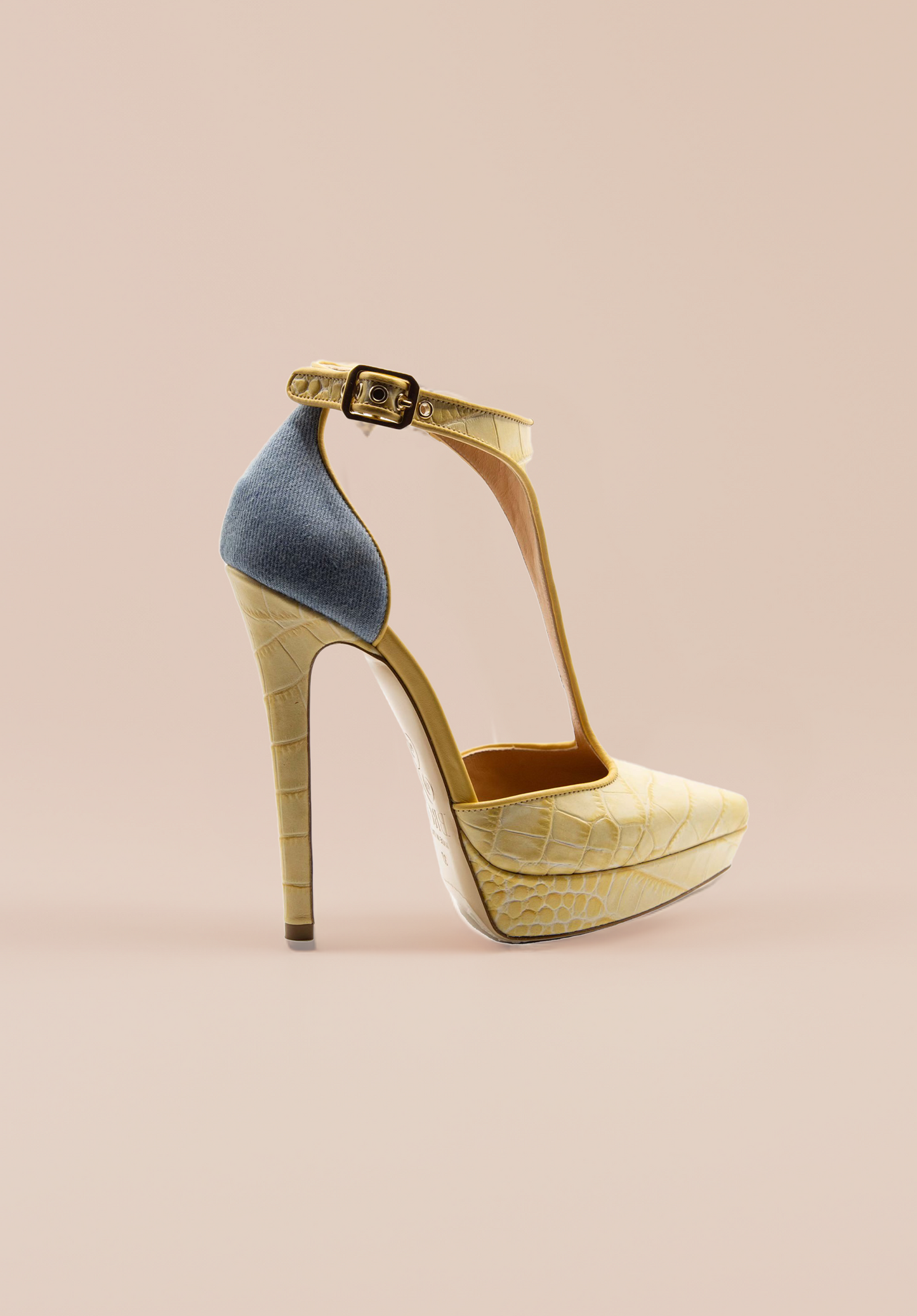 Emer - T-Strap - Jeans e Couro Crocco Amarelo com Relevo