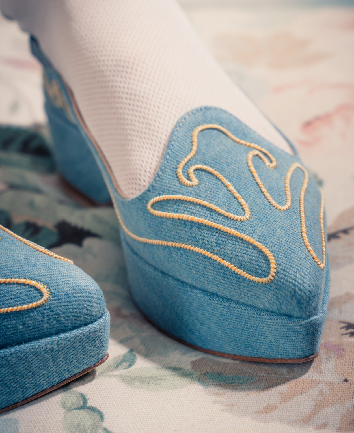 Shauna - Slingback - Denim with Gold Embroidery