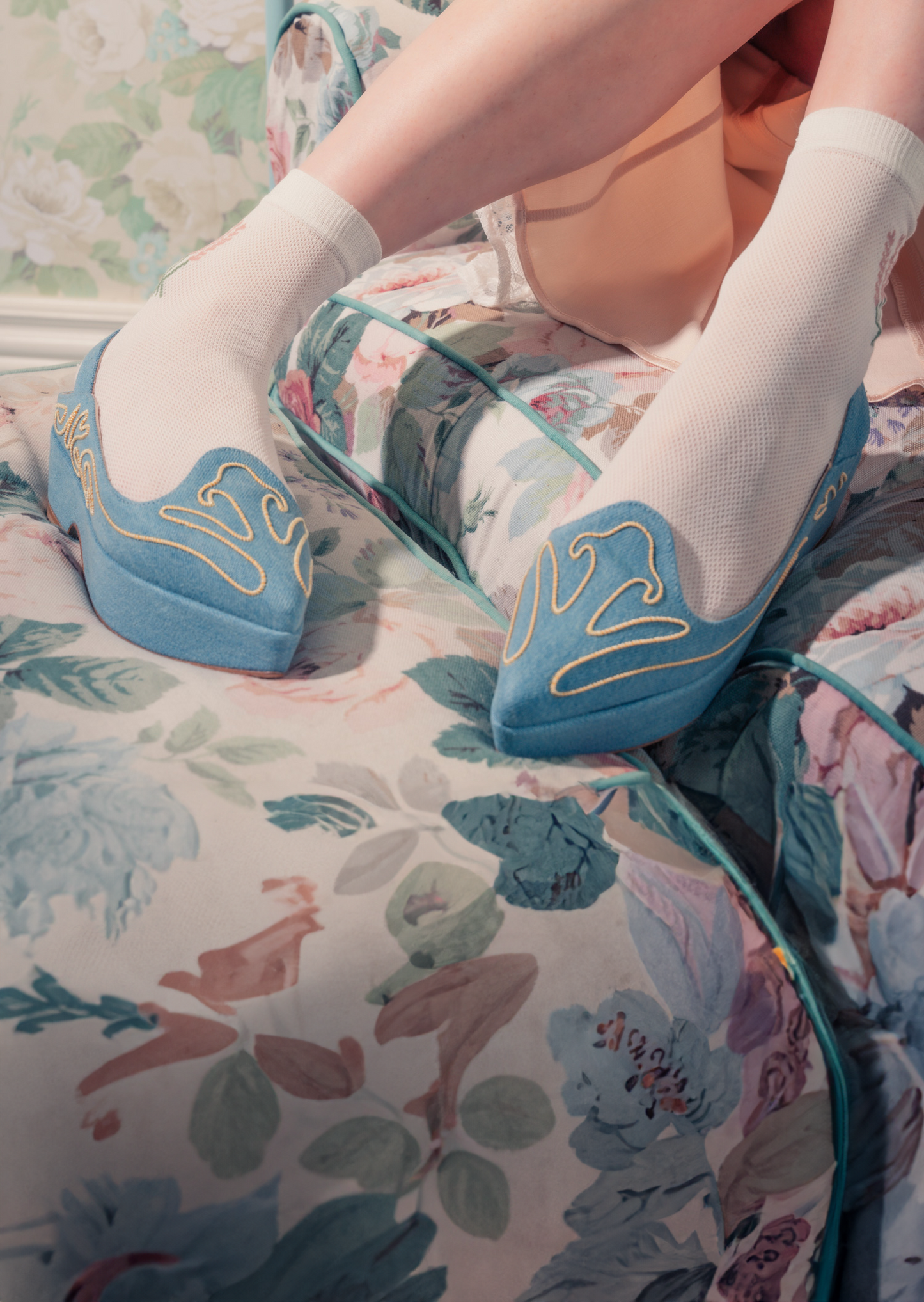 Shauna - Slingback - Denim with Gold Embroidery