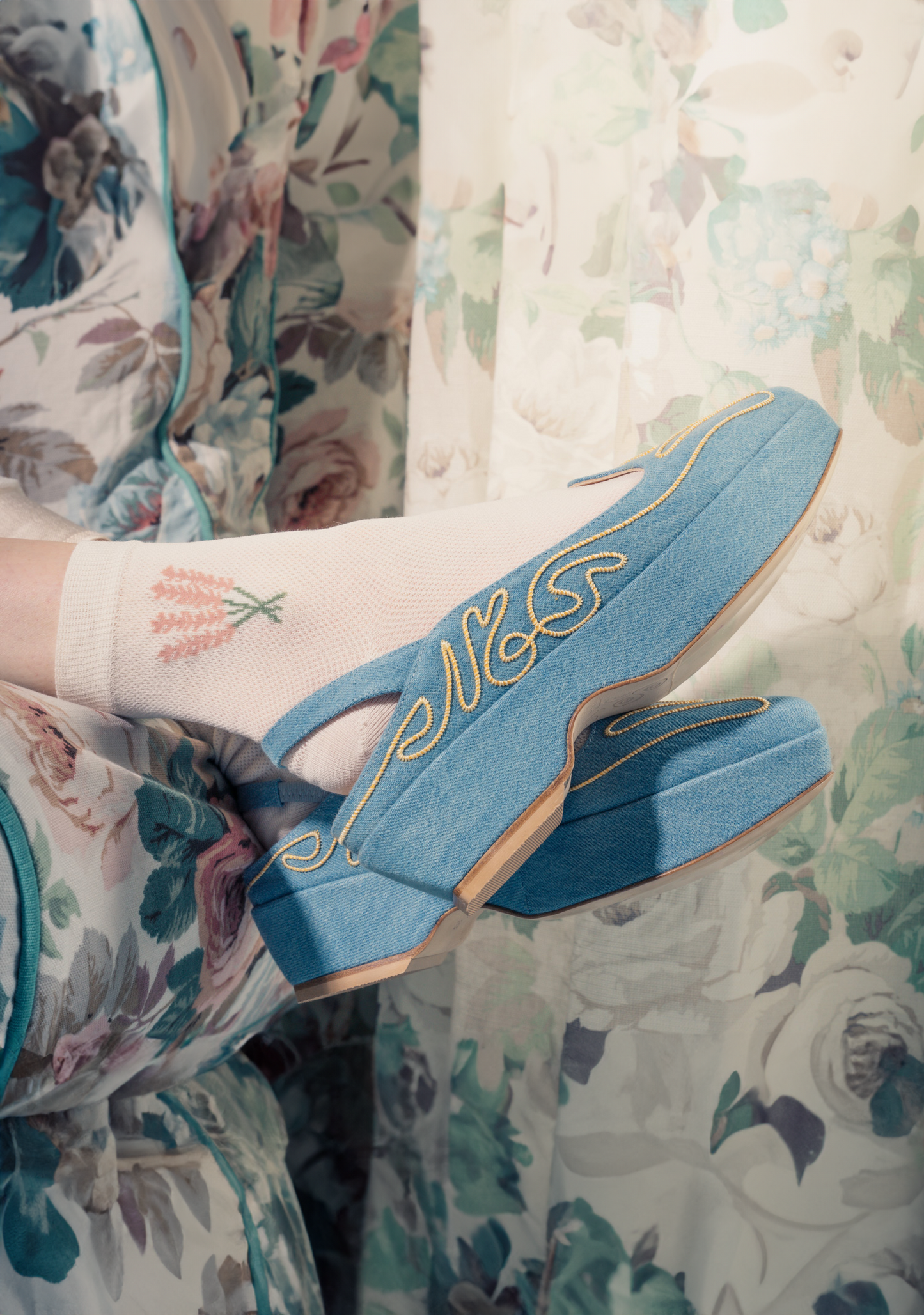 Shauna - Slingback - Denim with Gold Embroidery