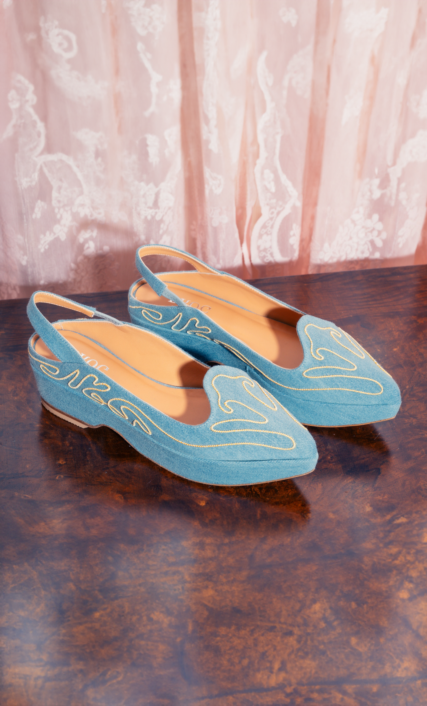 Shauna - Slingback - Denim with Gold Embroidery
