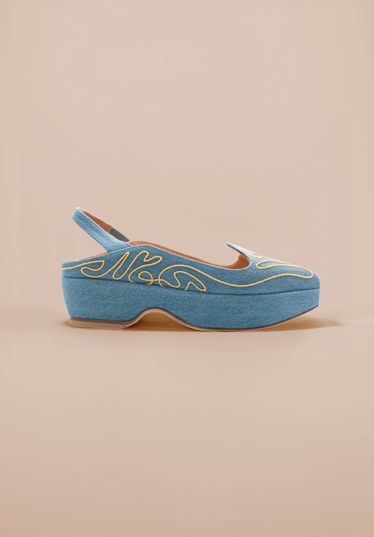 Shauna - Slingback - Denim with Gold Embroidery
