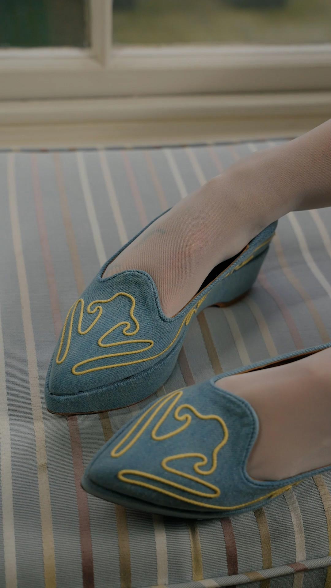 Shauna - Slingback - Denim with Gold Embroidery